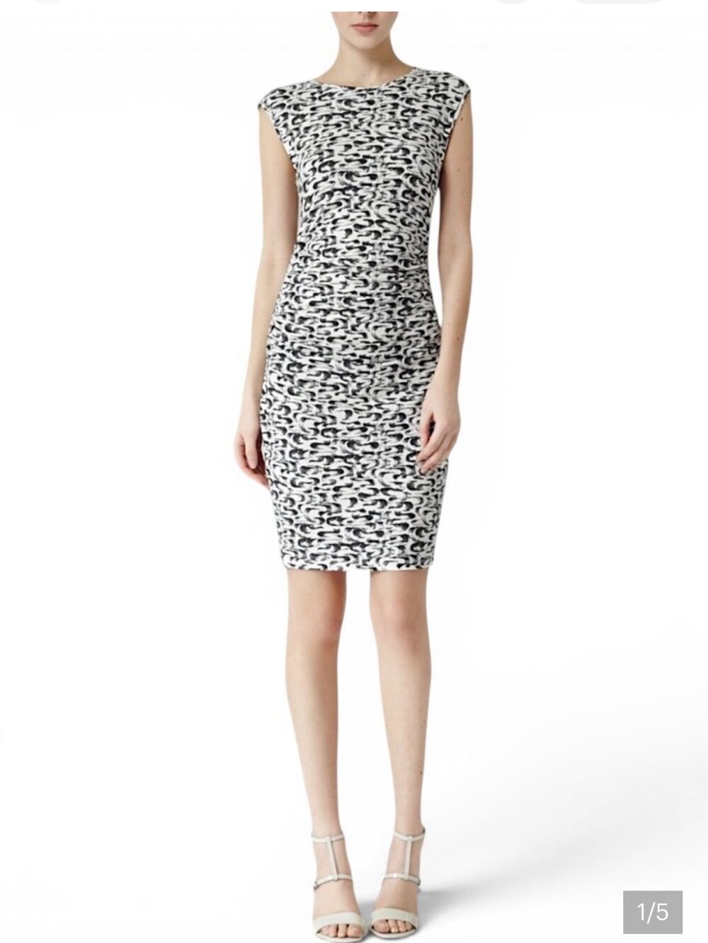 Reiss Black & off White ruched sleeveless Patterned Midi Dress
